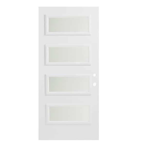 Stanley Doors 36 in. x 80 in. Lorraine Satin Opaque 4 Lite Painted White Left-Hand Inswing Steel Prehung Front Door