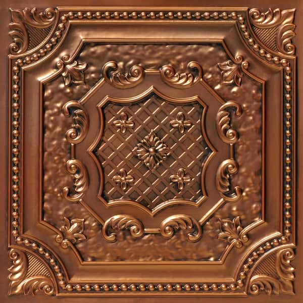 FROM PLAIN TO BEAUTIFUL IN HOURS Elizabethan Shield Antique Copper 2 ft. x 2 ft. PVC Glue Up or Lay In Faux Tin Ceiling Tile (200 sq. ft./case)