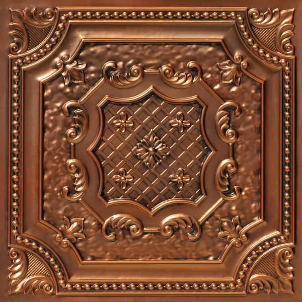 FROM PLAIN TO BEAUTIFUL IN HOURS Elizabethan Shield Antique Copper 2 ft. x 2 ft. PVC Glue Up or Lay In Ceiling Tile (200 sq. ft./case)