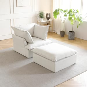 Modern Linen Chair with Ottoman and Pillow in White