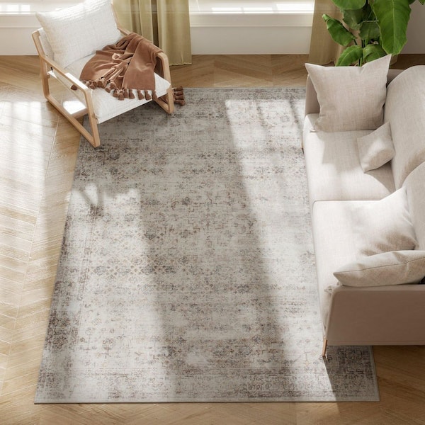 Area Rug 5 ft. x 7 ft. Machine Washable Rug Traditional Cover Rug for Living Room, Bedroom, Dining Room, Light Mix-Brown