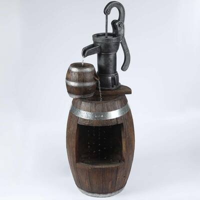 Polyresin Whiskey Barrels and Water Pump Outdoor Cascade Fountain with LED Lig