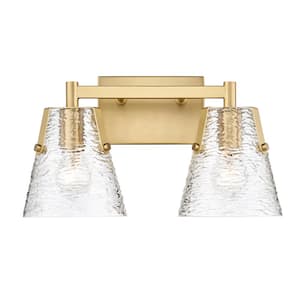 Analia 16.5 in. 2 Light Modern Gold Vanity Light with Clear Ribbed Glass Shade with No Bulbs Included