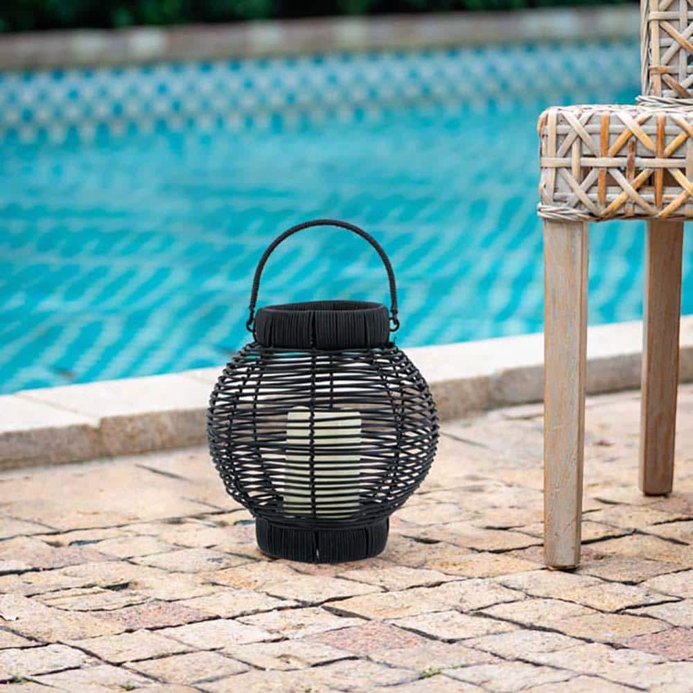 Black Poly Rattan Lantern With LED Candle, Vintage Candle Lantern