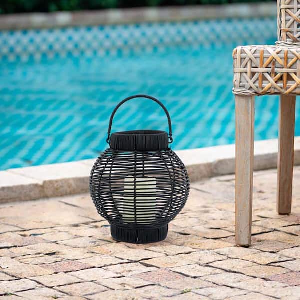 Black Poly Rattan Lantern With LED Candle, Vintage Candle Lantern