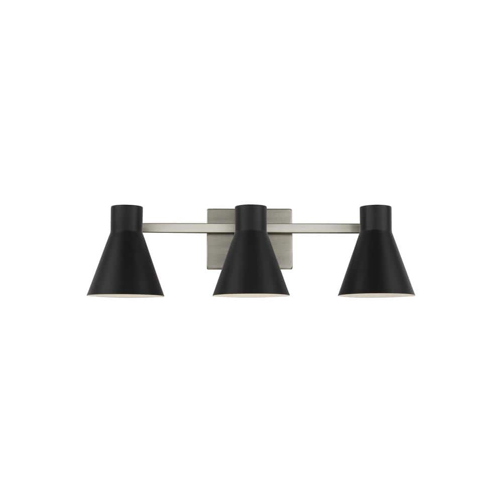 Towner 25 in. 3-Light Brushed Nickel Modern Contemporary Bathroom Vanity Light with Black Metal Shades and LED Bulbs -  Generation Lighting, 4441303EN3-962