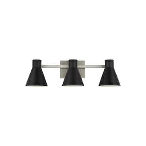 Towner 25 in. 3-Light Brushed Nickel Modern Contemporary Bathroom Vanity Light with Black Metal Shades and LED Bulbs