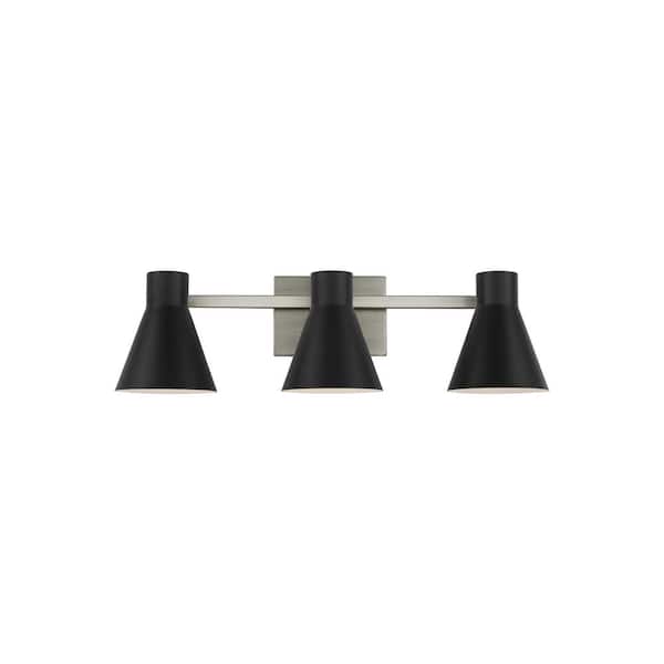 Generation Lighting Towner 25 in. 3-Light Brushed Nickel Modern Contemporary Bathroom Vanity Light with Black Metal Shades and LED Bulbs