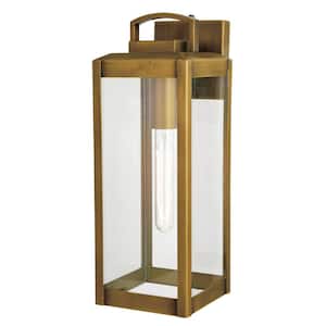 Kinzie 16.75 in. H 1-Light Dusk to Dawn Gold Vintage Brass Hardwired Outdoor Wall Lantern Fixture with Clear Glass