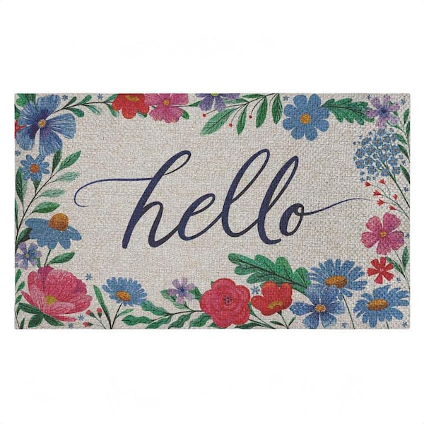 Hello Cursive & Floral Border Blue 18 in. x 30 in. Polyester Non-Slip Outdoor Door Mat