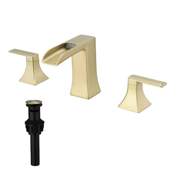 FLG 8 in. Widespread Double Handle Bathroom Faucet with Drain Assembly 3 Hole Brass Bathroom Sink Vanity Tap in Brushed Gold