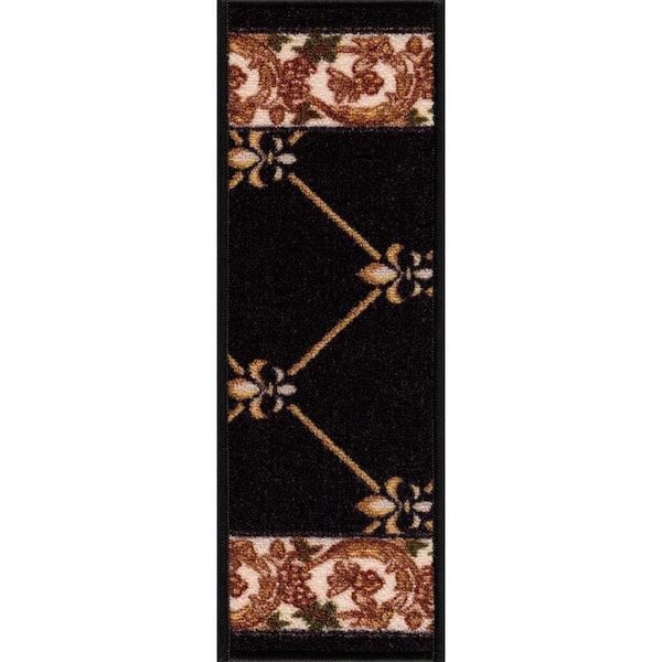 PLAYA RUG Fleur De Lis Black 8.5 in. x 26 in. Polyamide Stair Tread Cover (Set of 7)