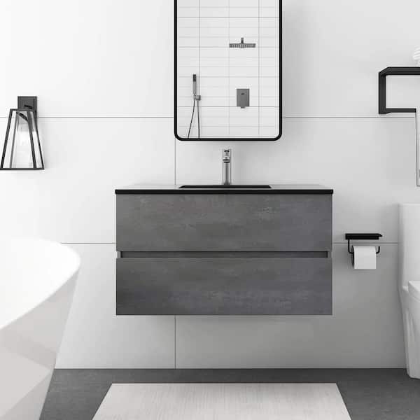 Boosicavelly 36 in. W x 19 in. D x 21 in. H Single Sink Plywood Wall-Mounted Bath Vanity in Cement Grey with Black Quartz Top