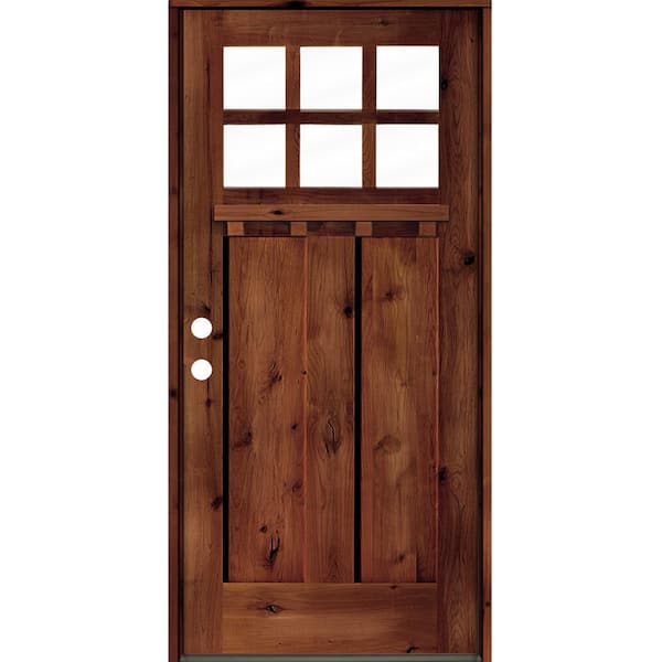 Krosswood Doors 32 in. x 80 in. Craftsman Knotty Alder Right-Hand/Inswing 6-Lite Clear Glass Red Chestnut Stain Wood Prehung Front Door