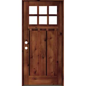 36 in. x 80 in. Craftsman Alder Clear 6-Lite Red Chestnut Stain Wood/Dentil Shelf Right Hand Single Prehung Front Door