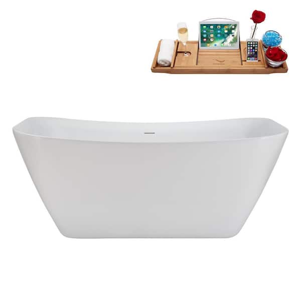 Streamline 59 in. x 31 in. Acrylic Freestanding Soaking Bathtub in Glossy White With Brushed Brass Drain