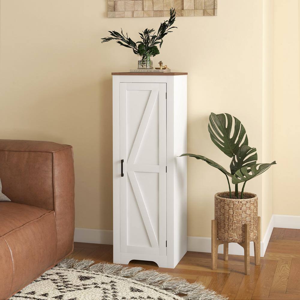White Farmhouse Storage Cabinet with Adjustable Shelving and Barn Door