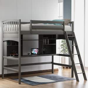 Gray Wood Twin Size Loft Bed with Storage Shelves and Desk
