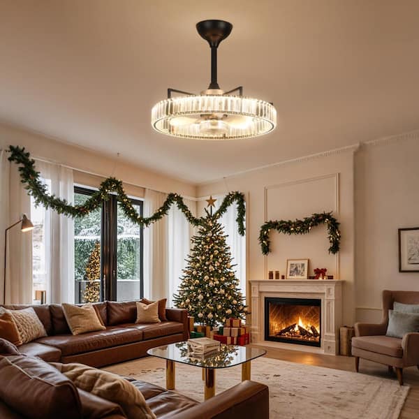 TOZING 21 in. Smart LED Indoor Modern Dimmable Black Low Profile Crystal Semi Flush Mount Ceiling Fan with Light with Remote