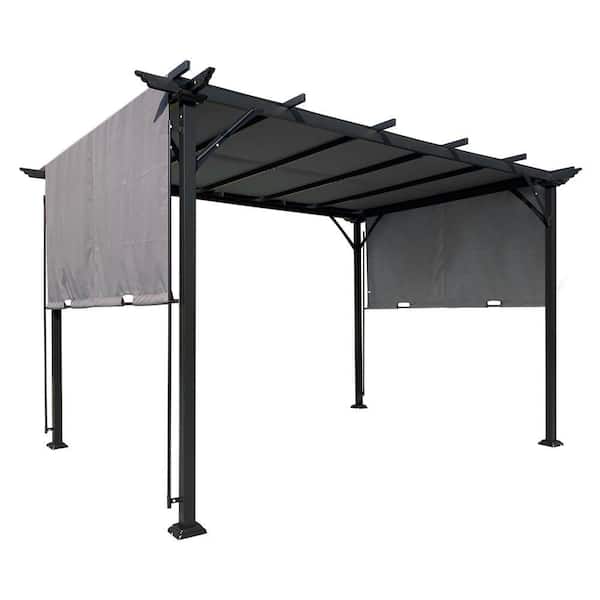 9.5 ft. x 12 ft. Steel Outdoor Pergola Grape Gazebo with Retractable Gray Shade Canopy for Garden