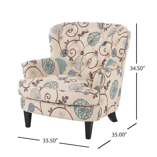 tafton white and blue floral fabric tufted club chair