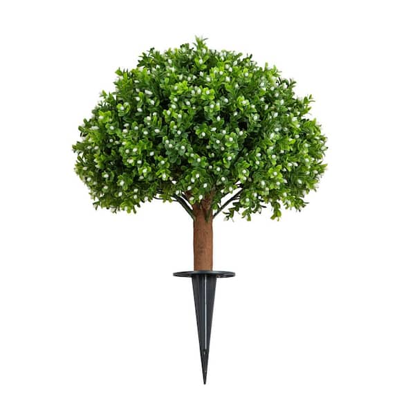 23 in. UV Resistant Artificial Flowering Boxwood Topiary with Integrated Ground Stake (Indoor/Outdoor)