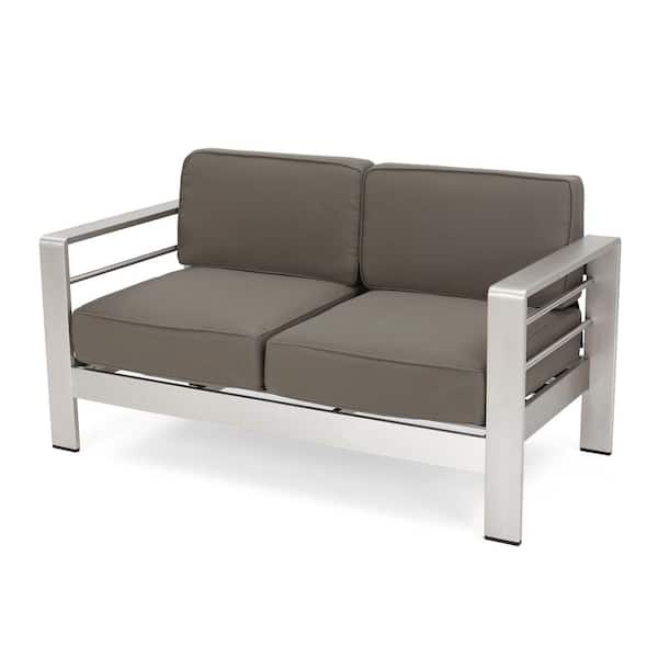 Noble House Miller Silver Metal Outdoor Patio Loveseat with Khaki Cushions
