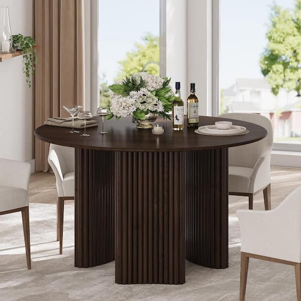Farmhouse Walnut Round Solid Wood 46 in. W 3-Legs Base Kitchen Dining Table Seats 4