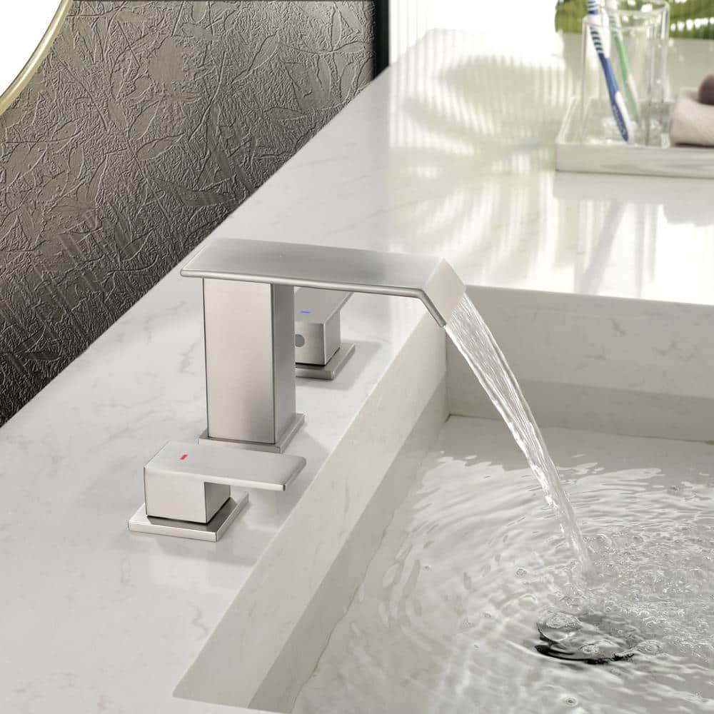 Brushed Nickel 8-Inch Widespread Waterfall Bathroom Faucet