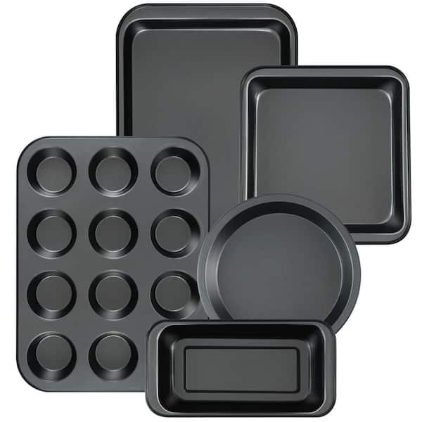 5-Piece Black Carbon Steel Nonstick Bakeware Set, Round and Square Cake Pans Muffin Pan Loaf Pan Roast Pan Baking Sheets