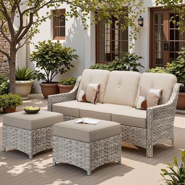 Toject Eureka Grey 3-Piece Modern Wicker Outdoor Patio Conversation Sofa Seating Set with Beige Cushions