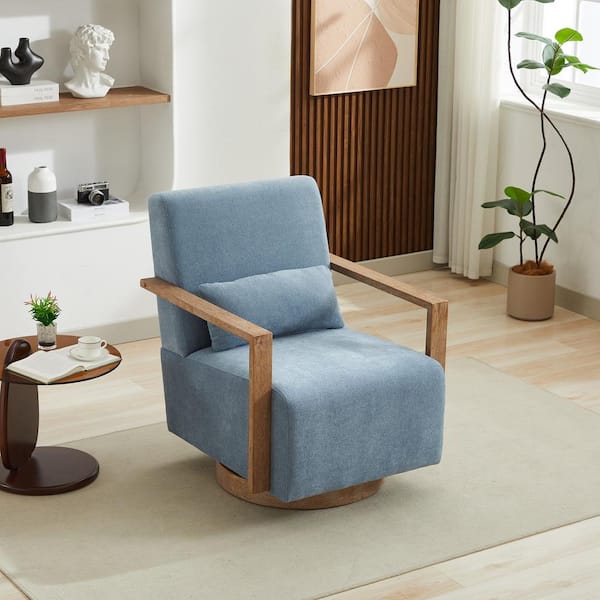 30.3 in. W Elegant 360° Upholstered Swivel Chair with Solid Wood Armrests and Weathered Base - Pale Blue