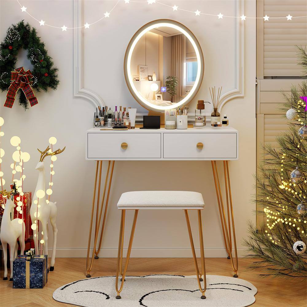 Elegance White Vanity Makeup Dressing Table Set with 3 Lighting Modes & Touch Mirror