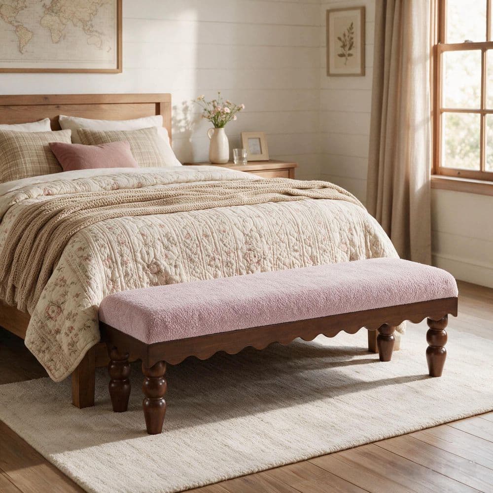 Modern 62.3 in. Dusty Pink Boucle Fabric Upholstered Entryway Bedroom Bench with Walnut Finish Solid Wood Legs