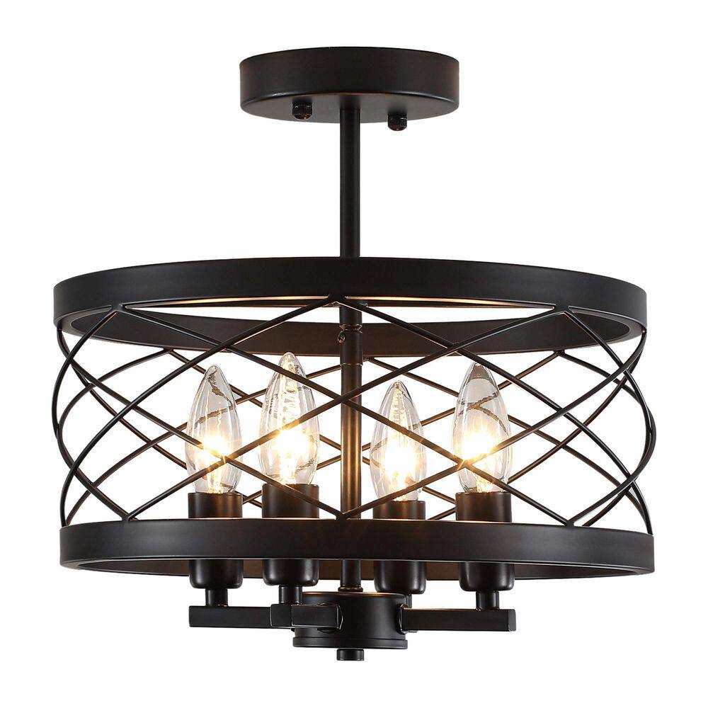 4-Light 12.6 in. Black Farmhouse Drum Semi-Flush Mount Ceiling Fixture With Metal Shade For Dining Room price history on PriceWatchPro