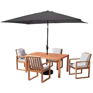 6 Piece Set, Weston Wood Outdoor Dining Table Set with 4 Cushioned Chairs, 10-Foot Rectangular Umbrella Gray