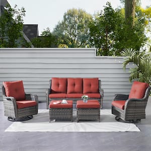 Carolina Gray 5-Piece Wicker Patio Coversation Set with Red Cushions