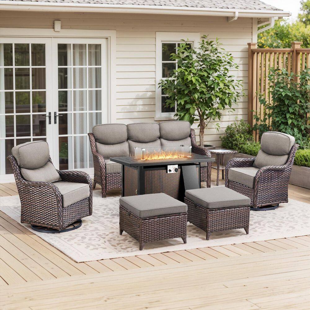 MoonLuxe Brown Wicker Fire Pit Conversation Set with Gray Olefin 6 In. Thick Cushions Patio Swivel Chairs (7-Piece) price history on PriceWatchPro