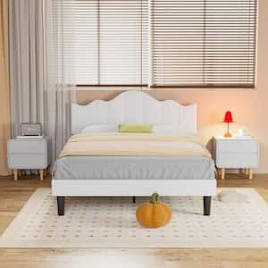 Adjustable Upholstered Bed White, Wood Frame Full Platform Bed with Noise-Free Wood Slat Support, No Box Spring Needed