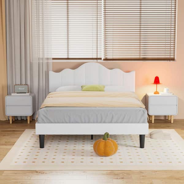 VECELO Adjustable Upholstered Bed White, Wood Frame Full Platform Bed with Noise-Free Wood Slat Support, No Box Spring Needed
