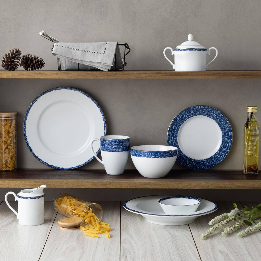 Blue and White Porcelain Salad Plates with Metallic Band, Set of 4