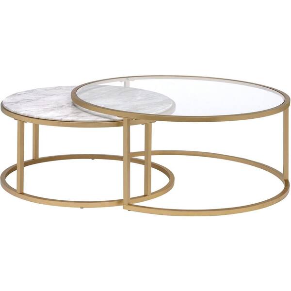 Venetian Worldwide Shanish 2-Piece Gold Round Glass Coffee Table Set with Nesting Tables
