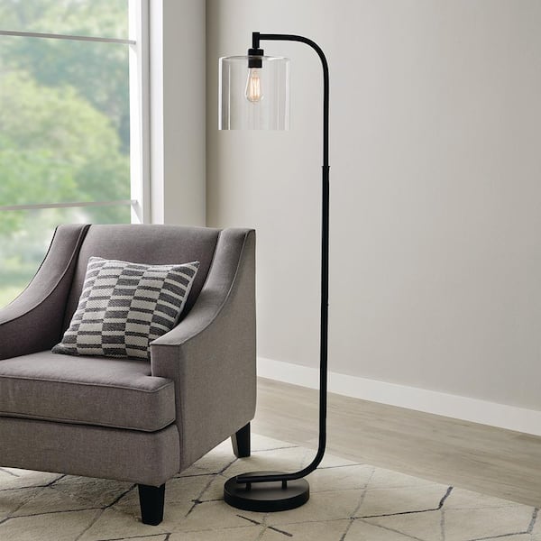 Hampton Bay Cline 62.5 in. 1-Light Black Floor Lamp with Clear Glass Lamp Shade - Title 20 Certified