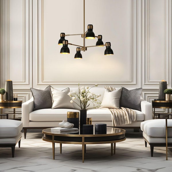 Suddly 6-Light Modern Brass Gold Adjustable Chandelier, Industrial Two Tiers Hanging Pendant with Black Cone Metal Shade