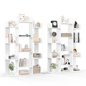 55.5 in. Tall White Wood 13-Shelf Tree-Shaped Bookcase Rustic Industrial Style(Set of 2)