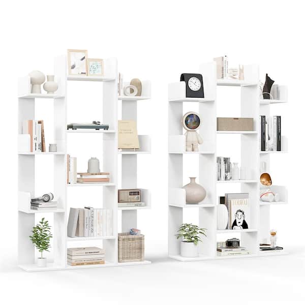 Costway 55.5 in. Tall White Wood 13-Shelf Tree-Shaped Bookcase Rustic Industrial Style(Set of 2)