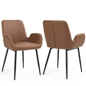 Alrik Caramel Brown Arm Chair with Zigzag Stitching and Black Steel Legs (Set of 2)