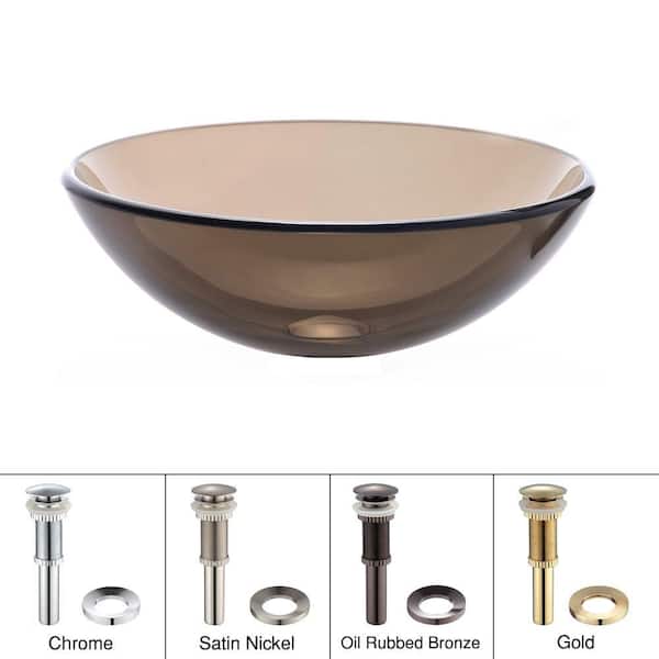 KRAUS Glass Vessel Sink in Clear Brown with Pop-Up Drain and Mounting Ring in Chrome