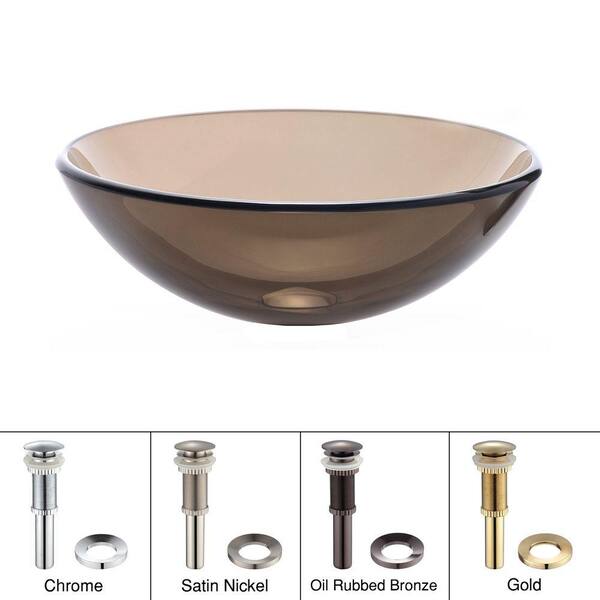 KRAUS Glass Vessel Sink in Clear Brown with Pop-Up Drain and Mounting Ring in Gold