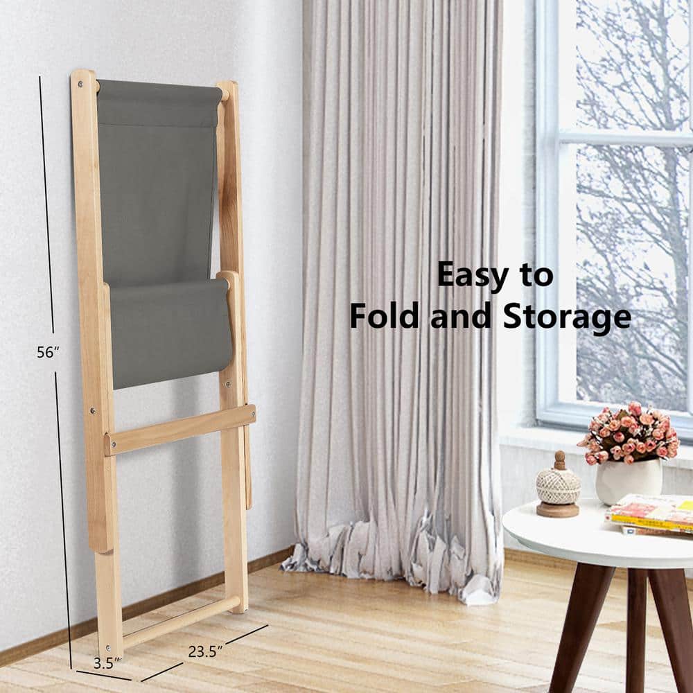 Foldable Natural Beech Wood Sling Chair with Gray Cushion